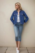 Jaqueta Denim Feminina Casual com Botões e Bolsos