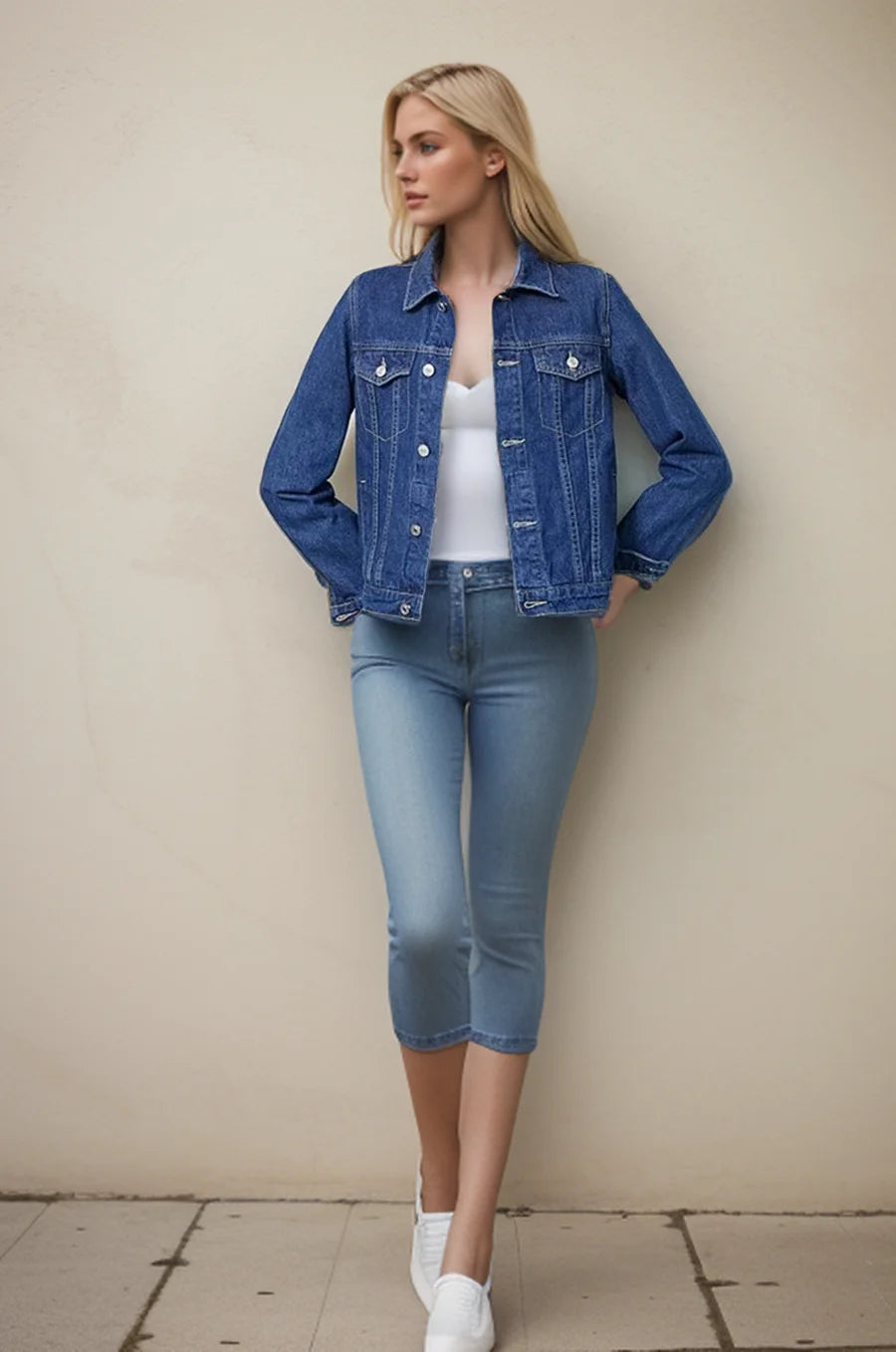 Jaqueta Denim Feminina Casual com Botões e Bolsos