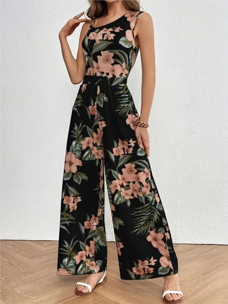 Macacão Floral Boho Sem Mangas com Cintura Alta