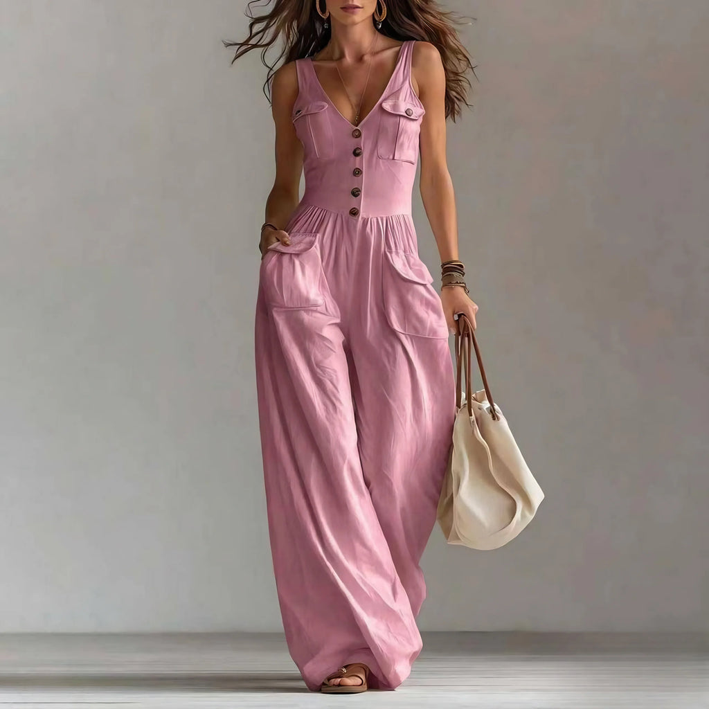 Macacão feminino casual com bolsos e decote V
