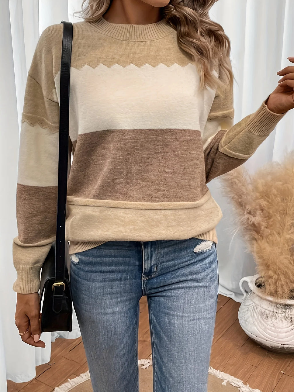 Pulôver Listrado Casual Feminino Tom Bege