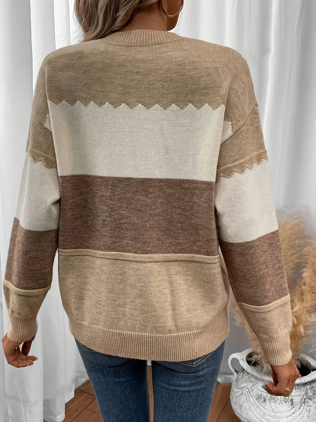 Pulôver Listrado Casual Feminino Tom Bege