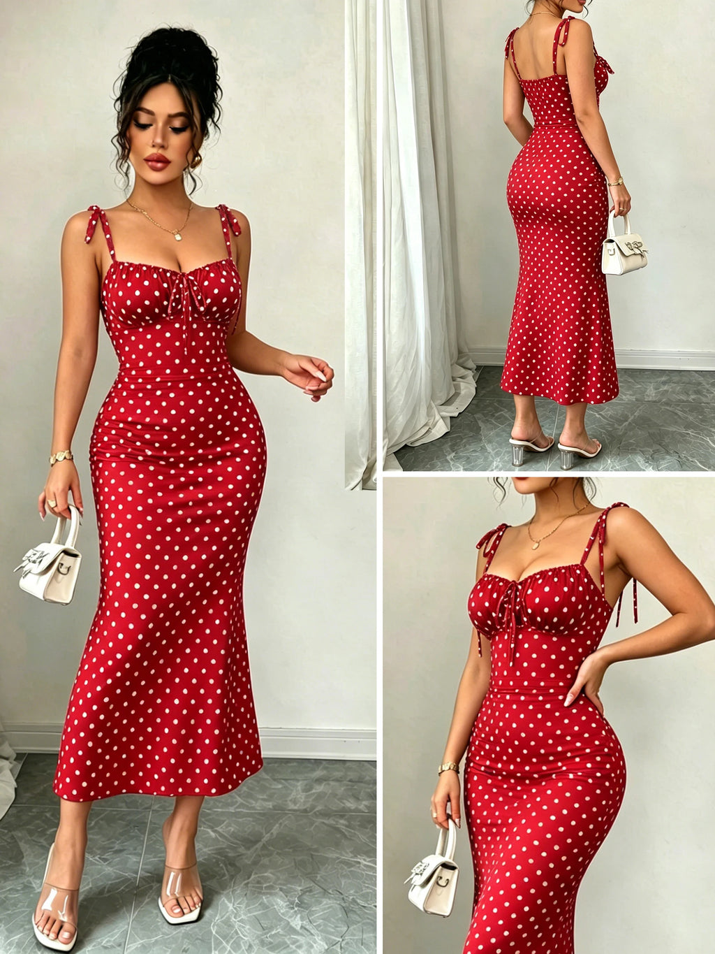 Vestido Feminino Vermelho Poá com Alças