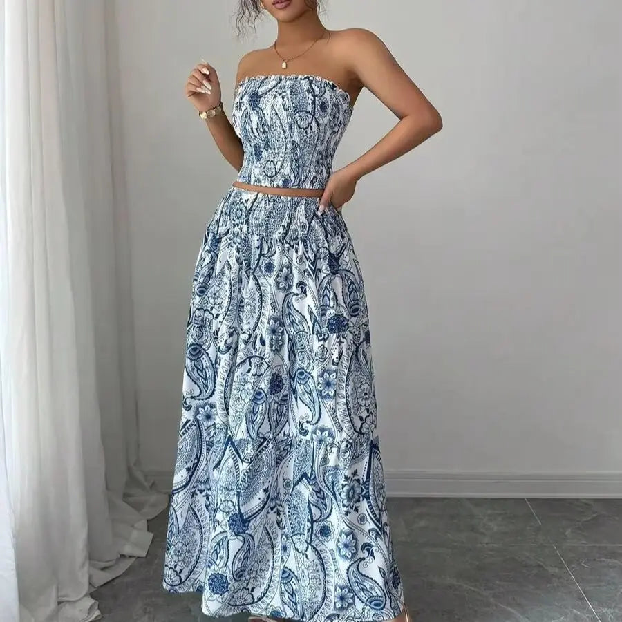 Conjunto Feminino Estampado Tomara que Caia com Saia Longa
