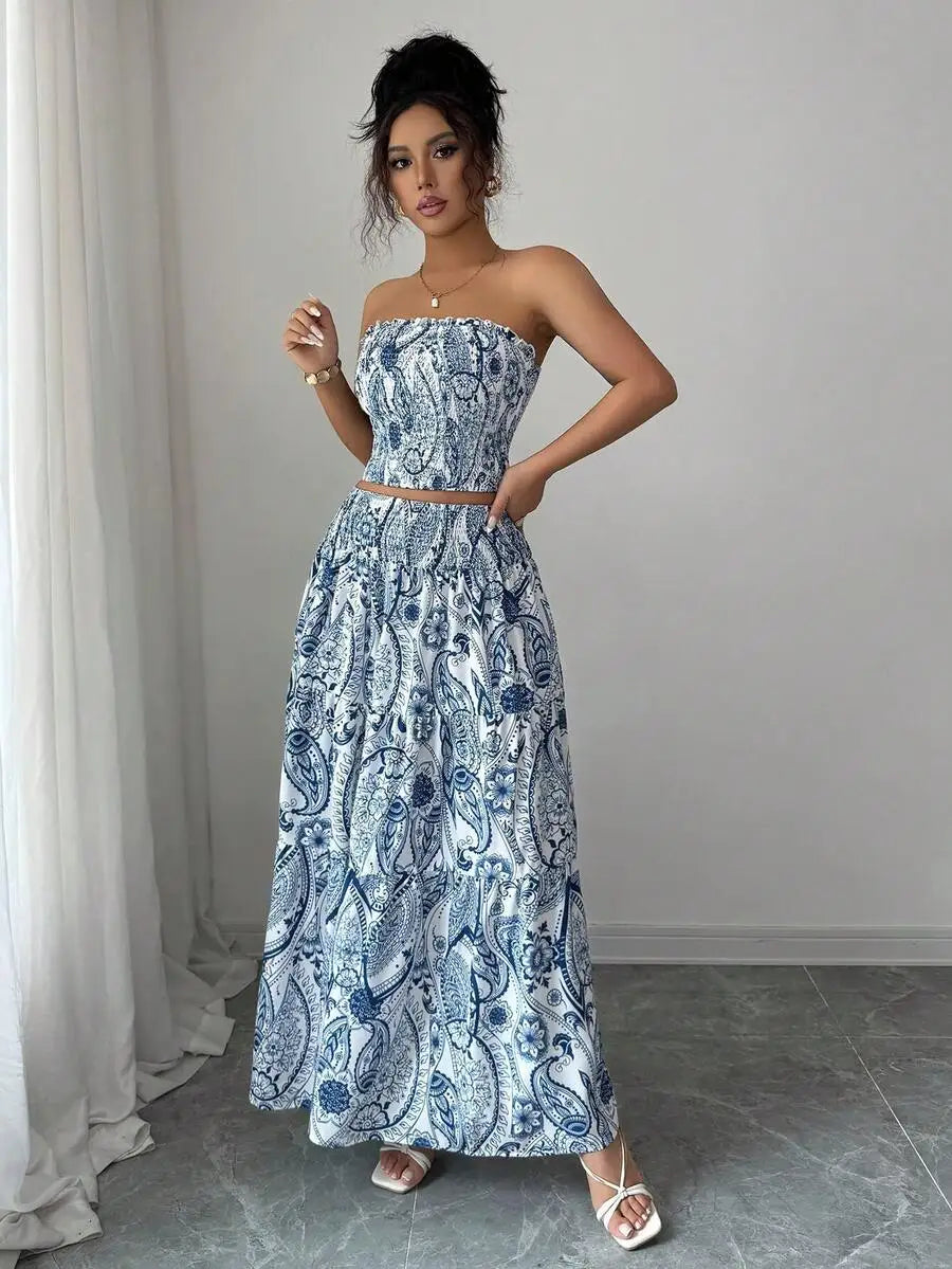 Conjunto Feminino Estampado Tomara que Caia com Saia Longa