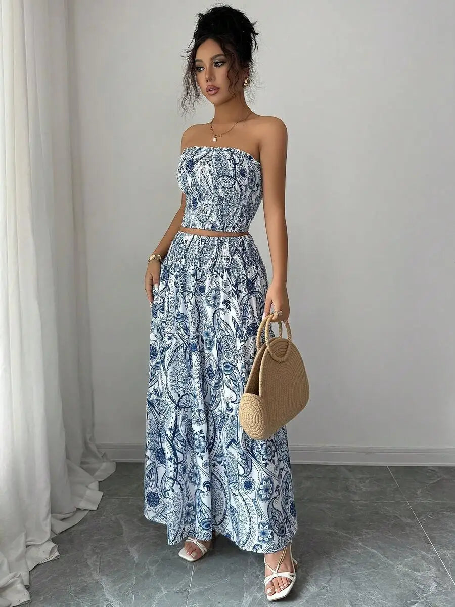 Conjunto Feminino Estampado Tomara que Caia com Saia Longa