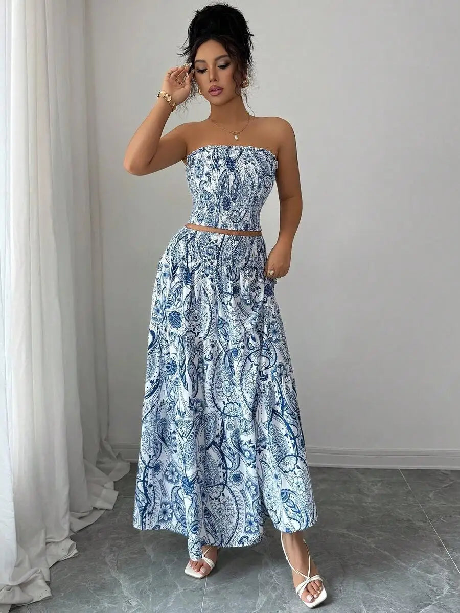 Conjunto Feminino Estampado Tomara que Caia com Saia Longa