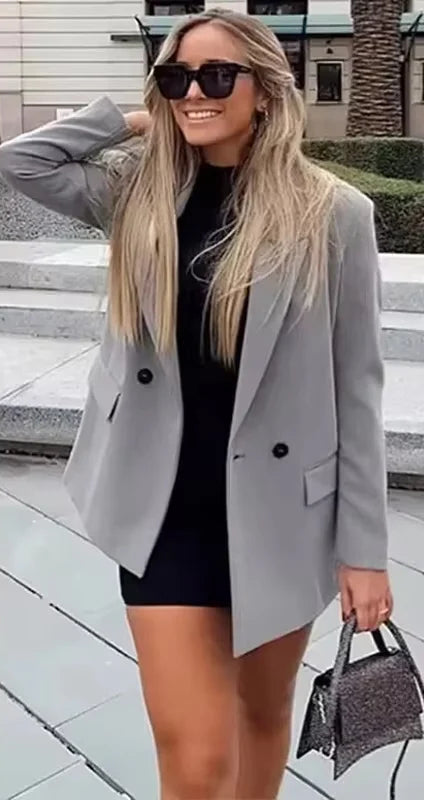 Hxao blazers para mulher preto cinza longo blazer mulher escritório wear manga longa blazer sólido oversized de alta qualidade blazer feminino