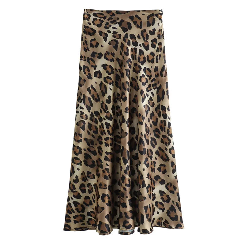 Saia Midi Leopardo Cetim Cintura Alta