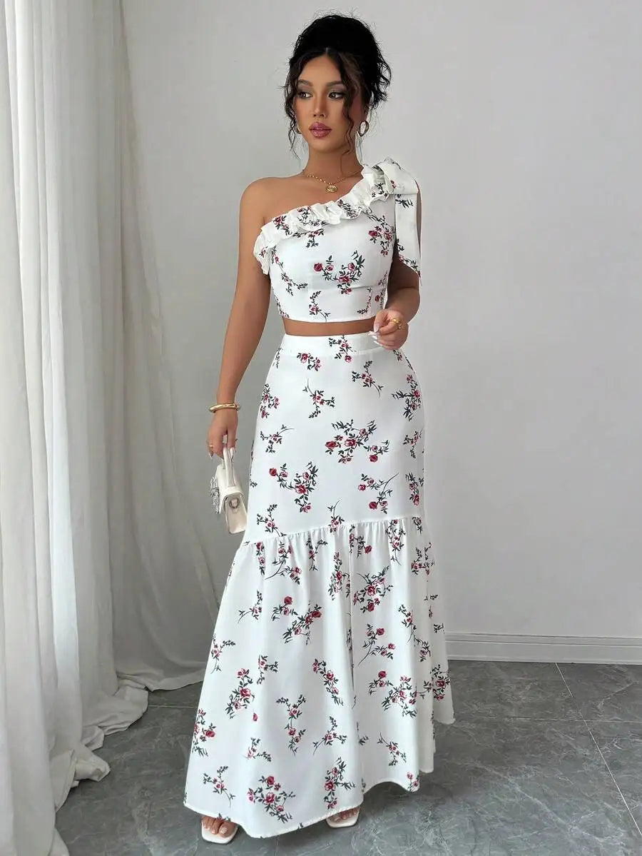 Saia longa floral feminina com fenda