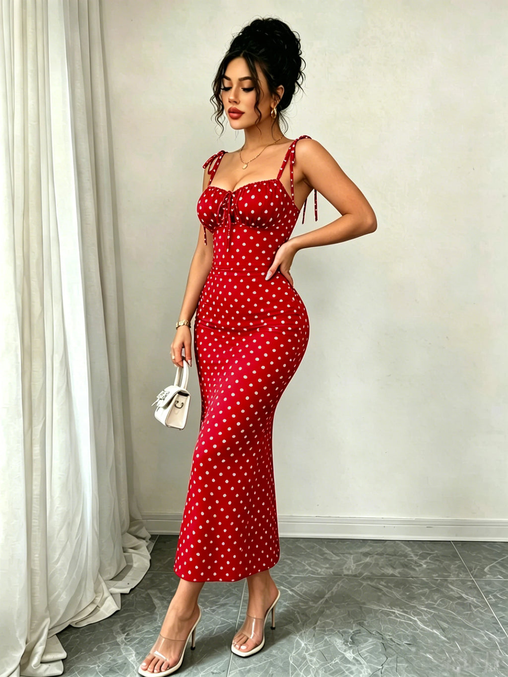 Vestido Feminino Vermelho Poá com Alças