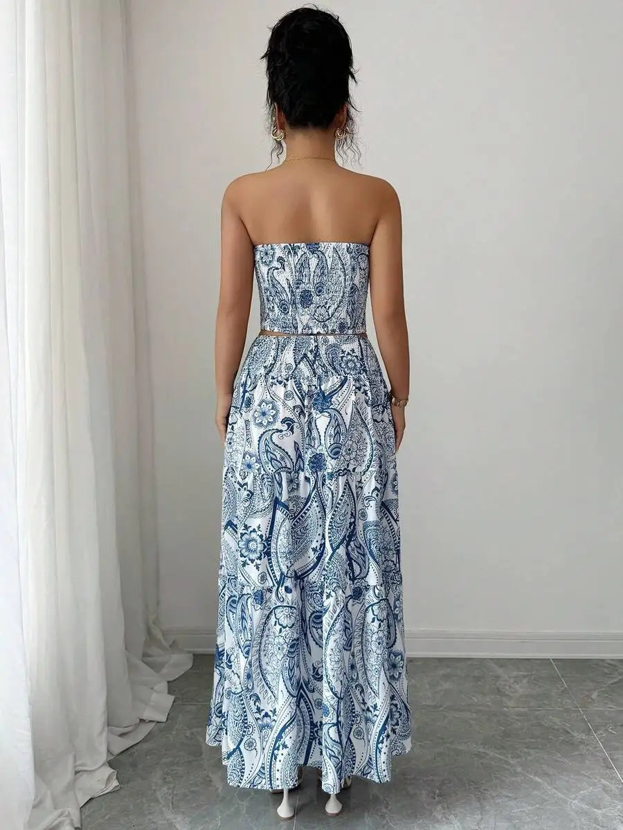 Conjunto Feminino Estampado Tomara que Caia com Saia Longa