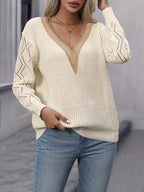 Suéter Feminino Casual Gola V com Renda