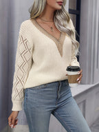 Suéter Feminino Casual Gola V com Renda