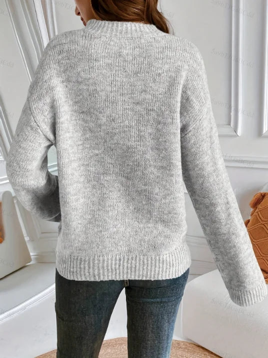 Suéter Feminino de Tricô Cinza com Punho Largo