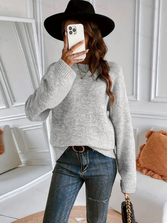 Suéter Feminino de Tricô Cinza com Punho Largo
