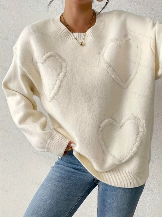 Suéter Tricô Oversize com Patchwork de Coração
