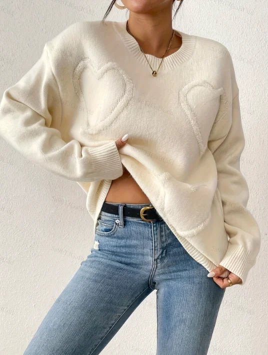 Suéter Tricô Oversize com Patchwork de Coração