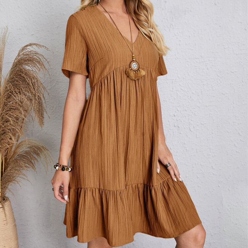 Vestido Boêmio Casual com Decote V e Babados