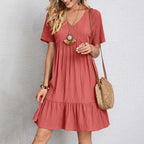 Vestido Boêmio Casual com Decote V e Babados