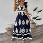 Vestido Boho Floral com Decote V e Manga Voadora