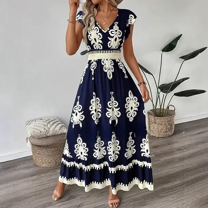 Vestido Boho Floral com Decote V e Manga Voadora