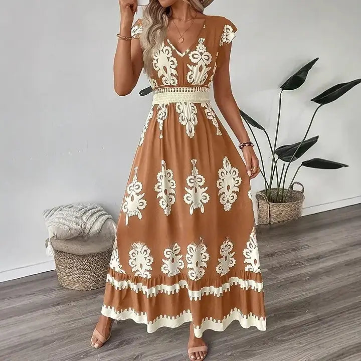 Vestido Boho Floral com Decote V e Manga Voadora