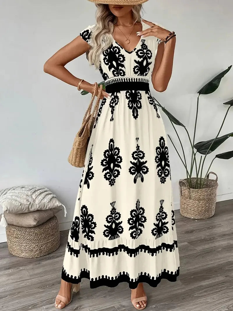 Vestido Boho Floral com Decote V e Manga Voadora