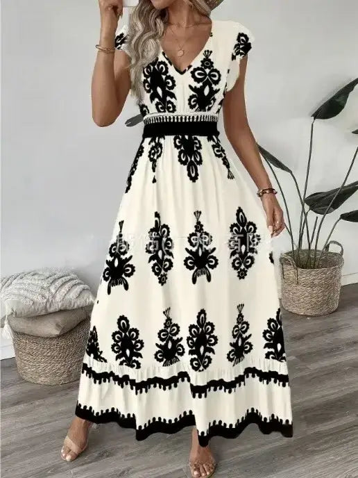 Vestido Boho Floral com Decote V e Manga Voadora