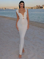 Vestido Camila Longo com Decote em V e Cintura Alta