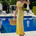 Vestido Croche Longo com Recorte e Flor 3D