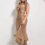 Vestido Croche Longo com Recorte e Flor 3D