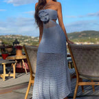 Vestido Croche Longo com Recorte e Flor 3D