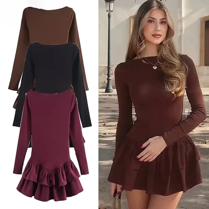 Vestido Curto Plissado Manga Longa