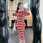 Vestido Feminino Canelado Midi Listrado