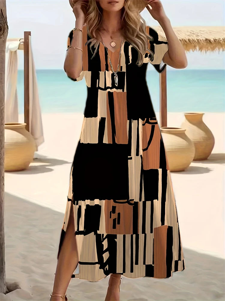 Vestido Feminino Estampado com Fenda e Decote V