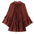 Vestido Feminino Mini Marrom com Babados e Rendas
