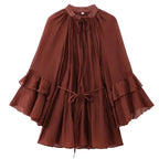 Vestido Feminino Mini Marrom com Babados e Rendas