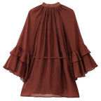 Vestido Feminino Mini Marrom com Babados e Rendas