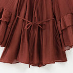 Vestido Feminino Mini Marrom com Babados e Rendas