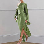 Vestido Flavia Longo com Fenda e Gola Assimétrica