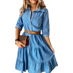 Vestido Jeans Elegante com Cinto e Babados