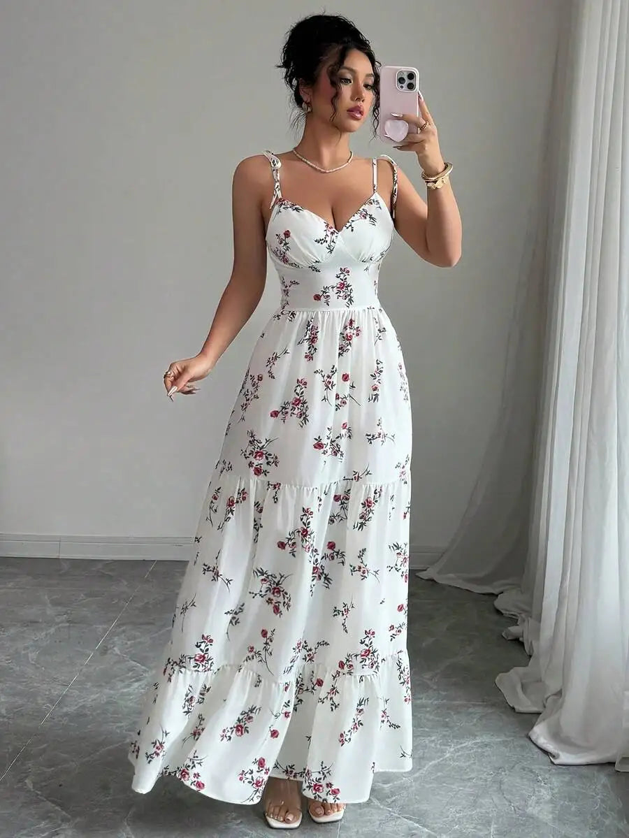 Vestido Longo Branco Estampa de Flores Aurora