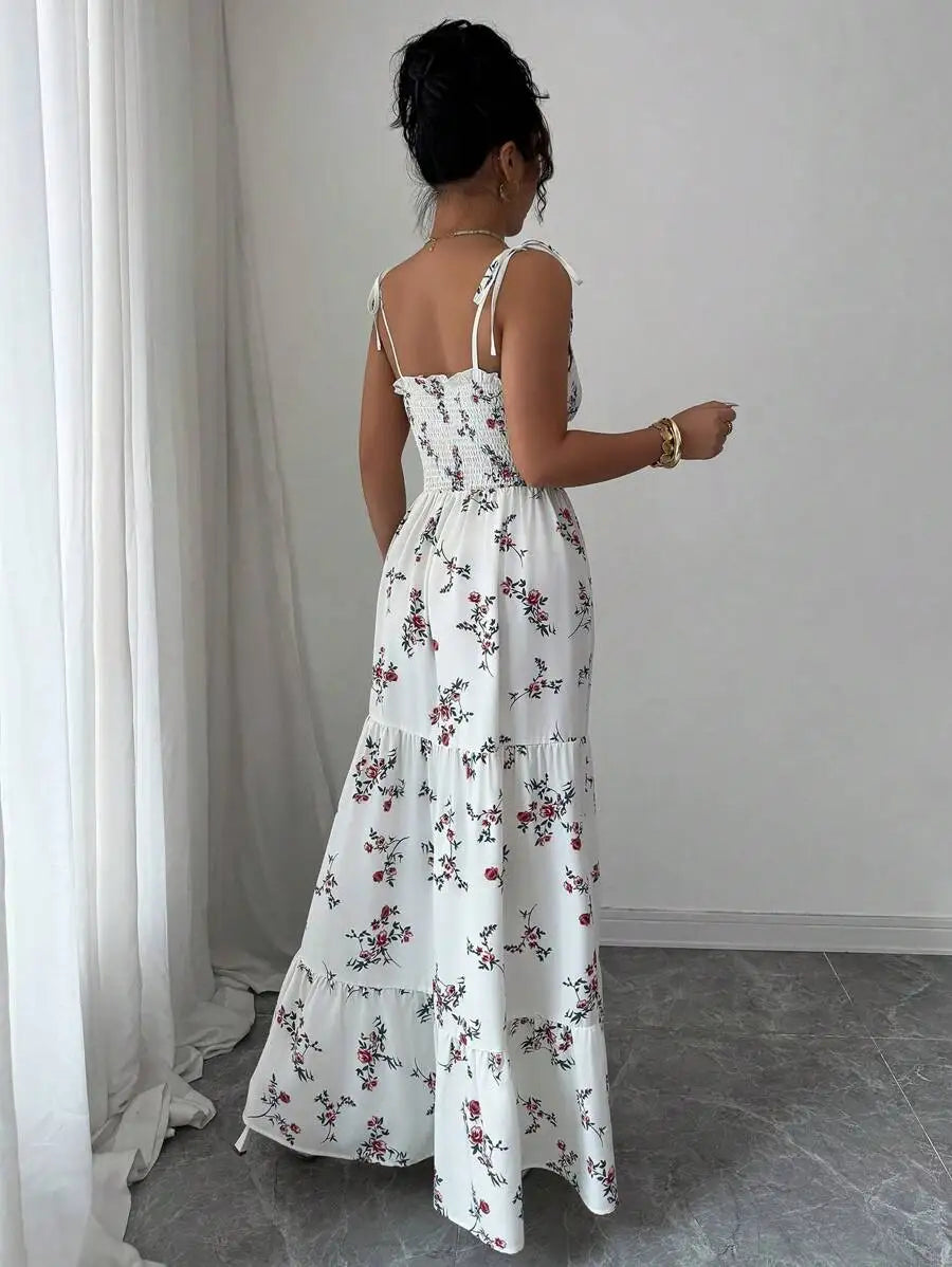 Vestido Longo Branco Estampa de Flores Aurora