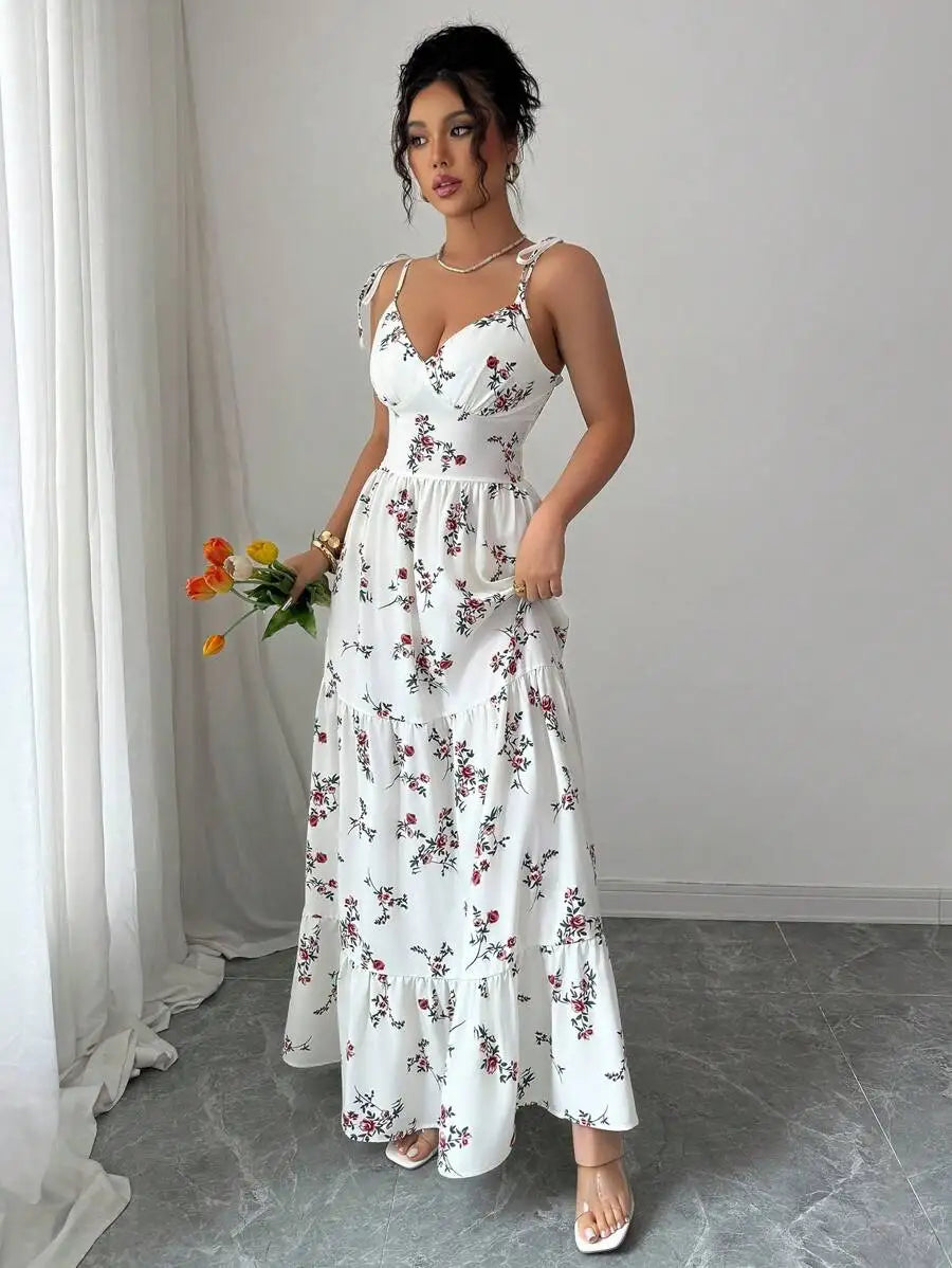 Vestido Longo Branco Estampa de Flores Aurora
