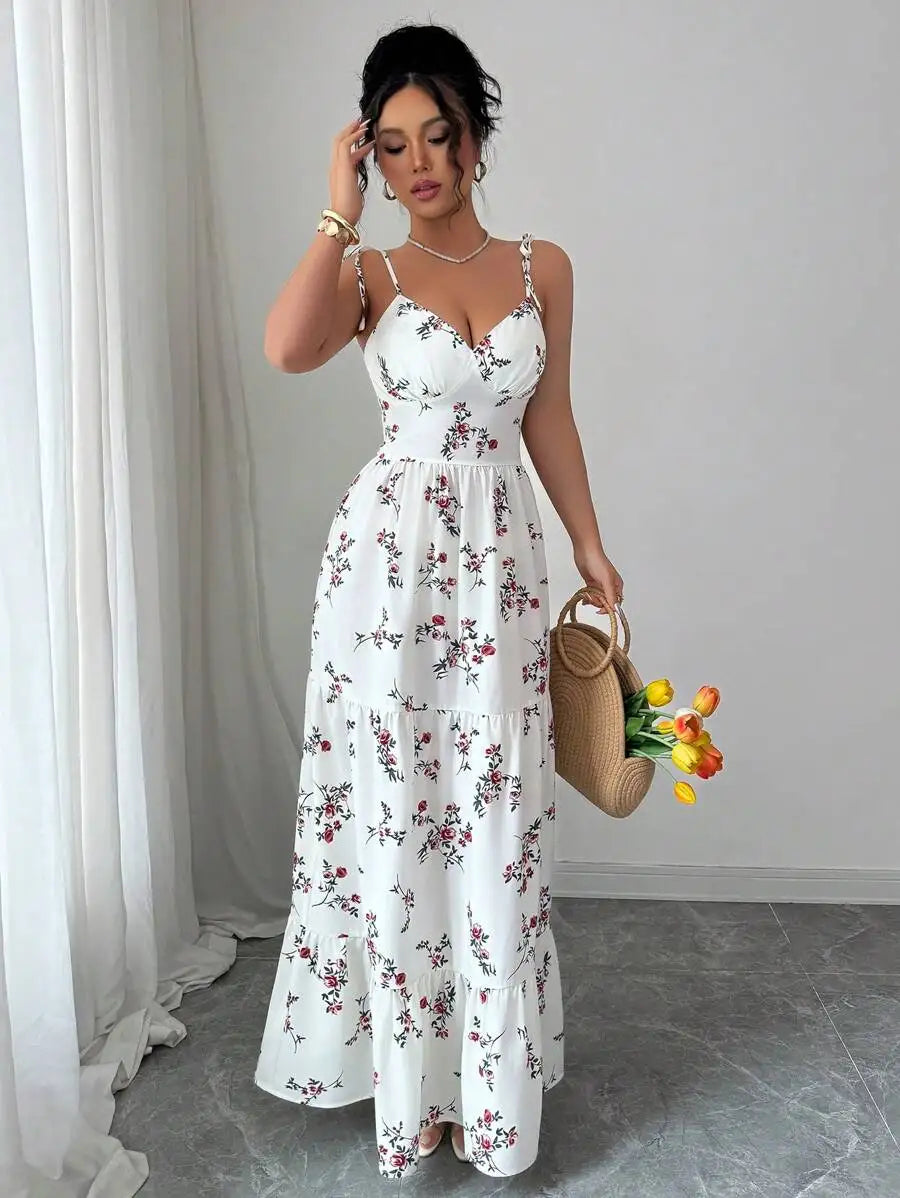Vestido Longo Branco Estampa de Flores Aurora