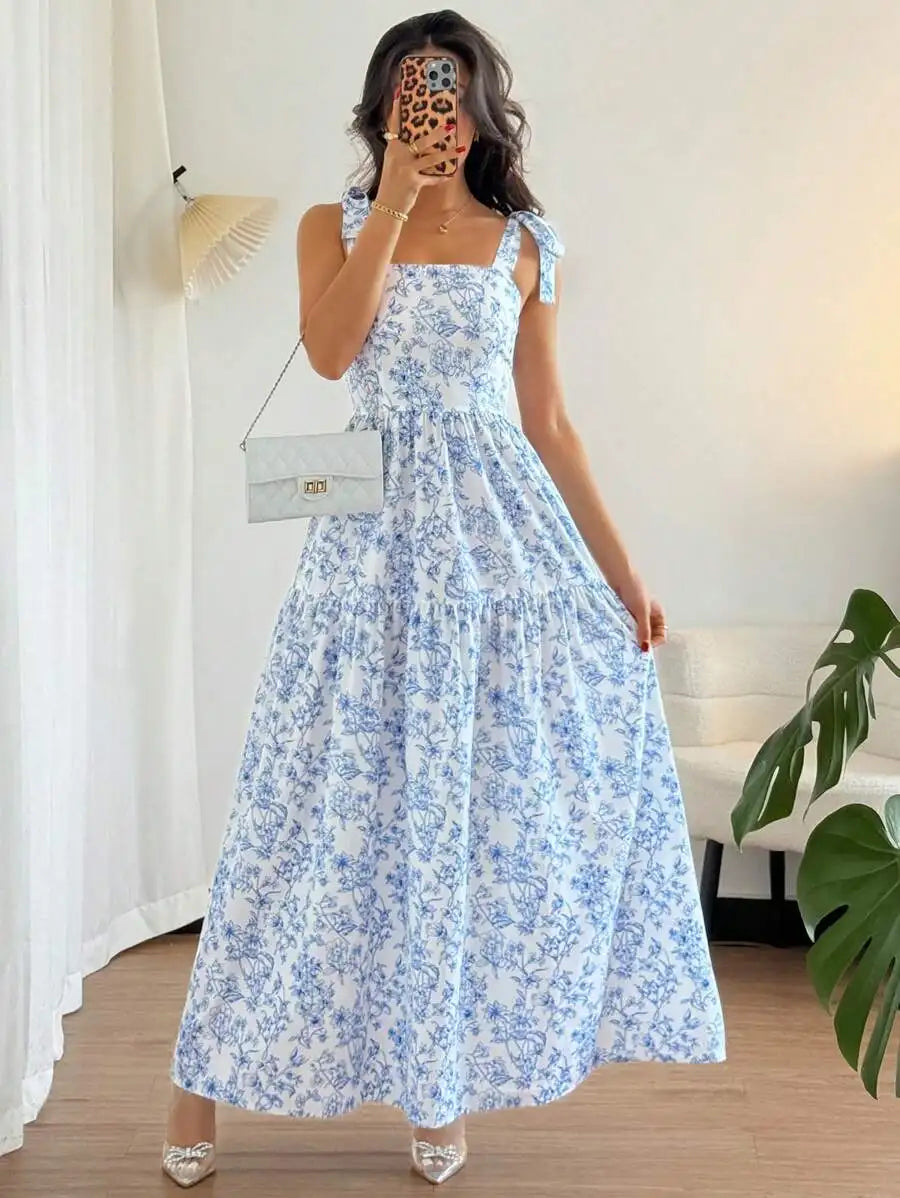 Vestido Longo Floral Azul com Babados Rafazza