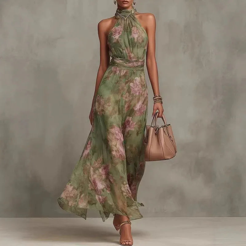 Vestido Longo Floral Elegante com Decote Halter