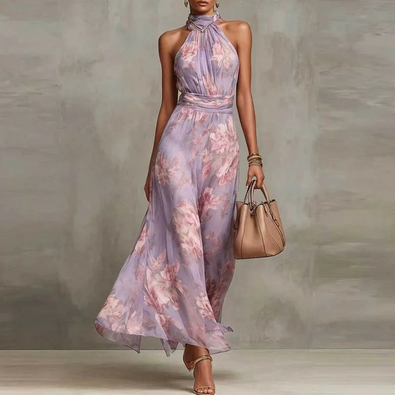 Vestido Longo Floral Elegante com Decote Halter