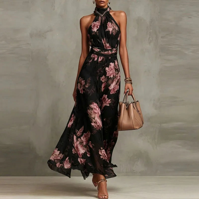 Vestido Longo Floral Elegante com Decote Halter